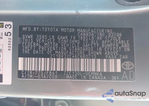 2006 Toyota Corolla Le из США, поврежденный, VIN 2T1BR32E46C660713